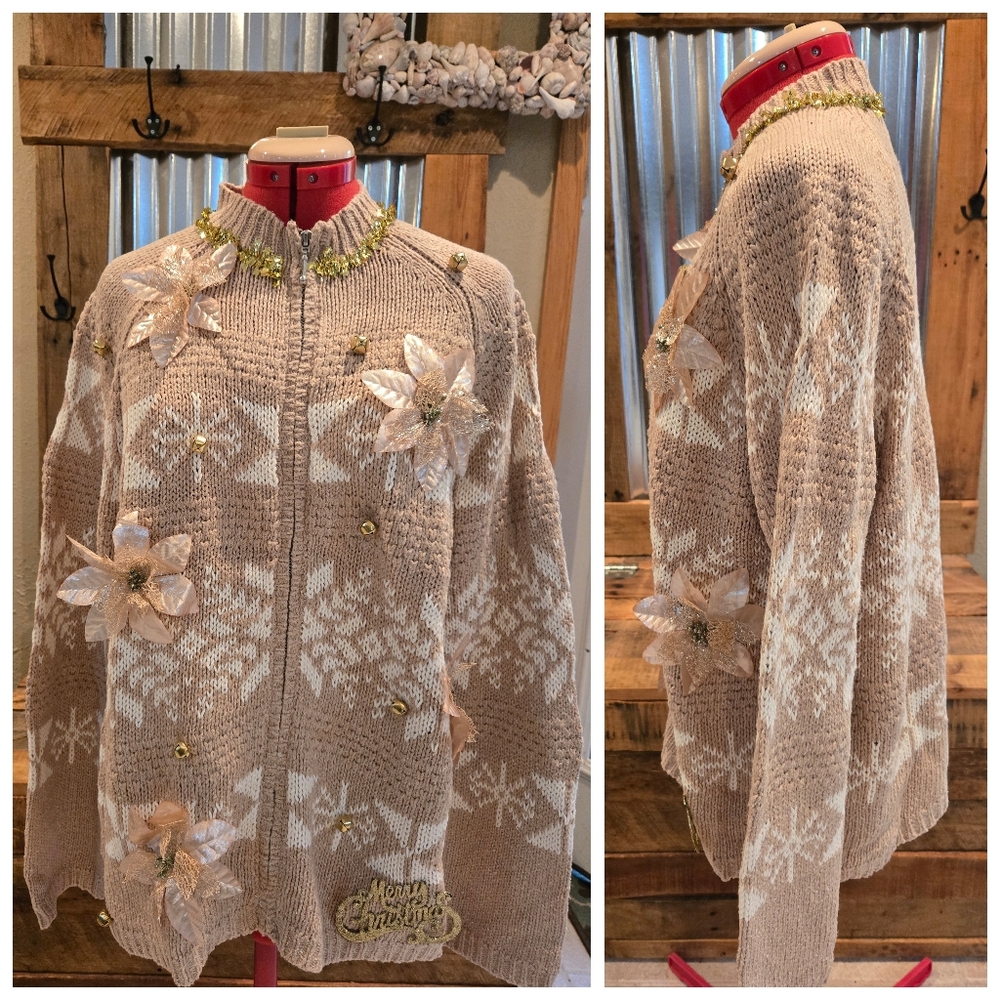 Upcycled Christmas Sweater L Gold Fair Isle Cardigan Snowflakes Poinsettias